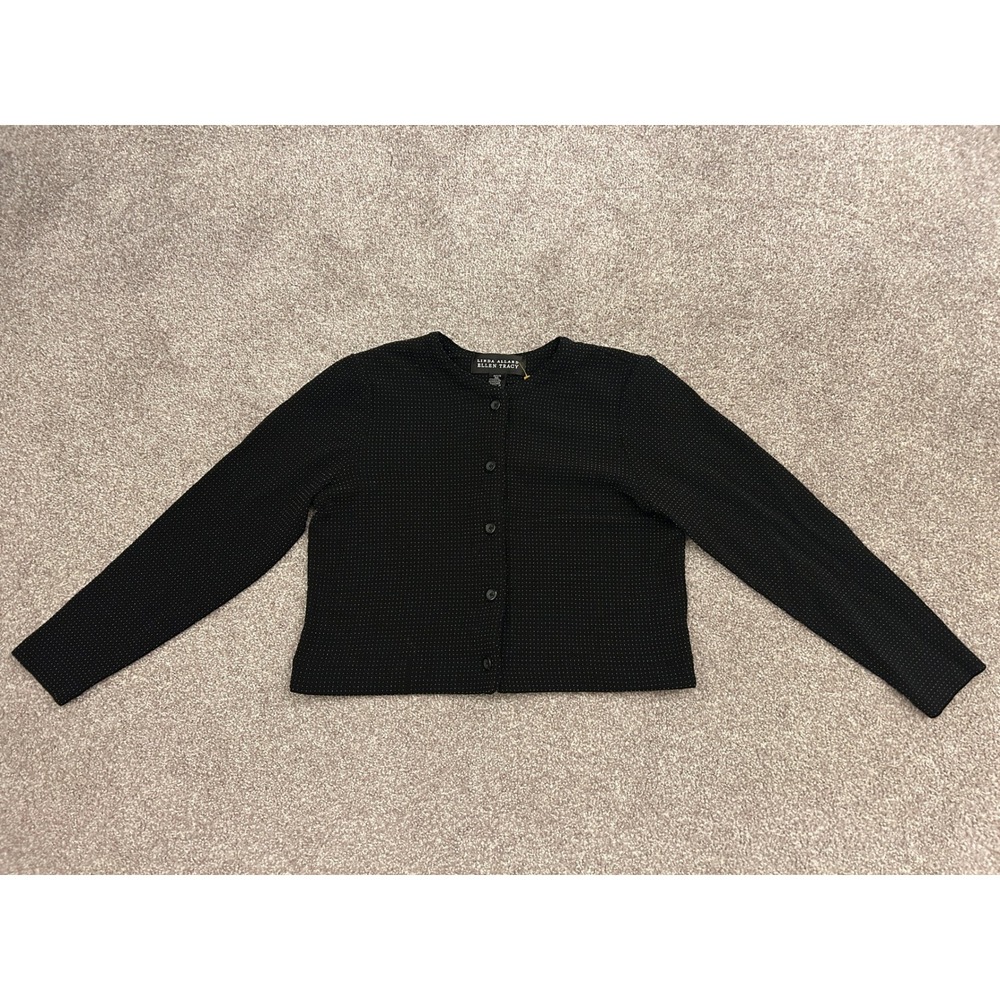 Linda Allard Ellen Tracy Cardigan Womens 10P Black Wool Blend Dot Excellent